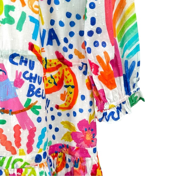 Farm Rio White Colorful Jungle Print Mini Dress w/ Waist Tie & Tassels sz L - Picture 5 of 10